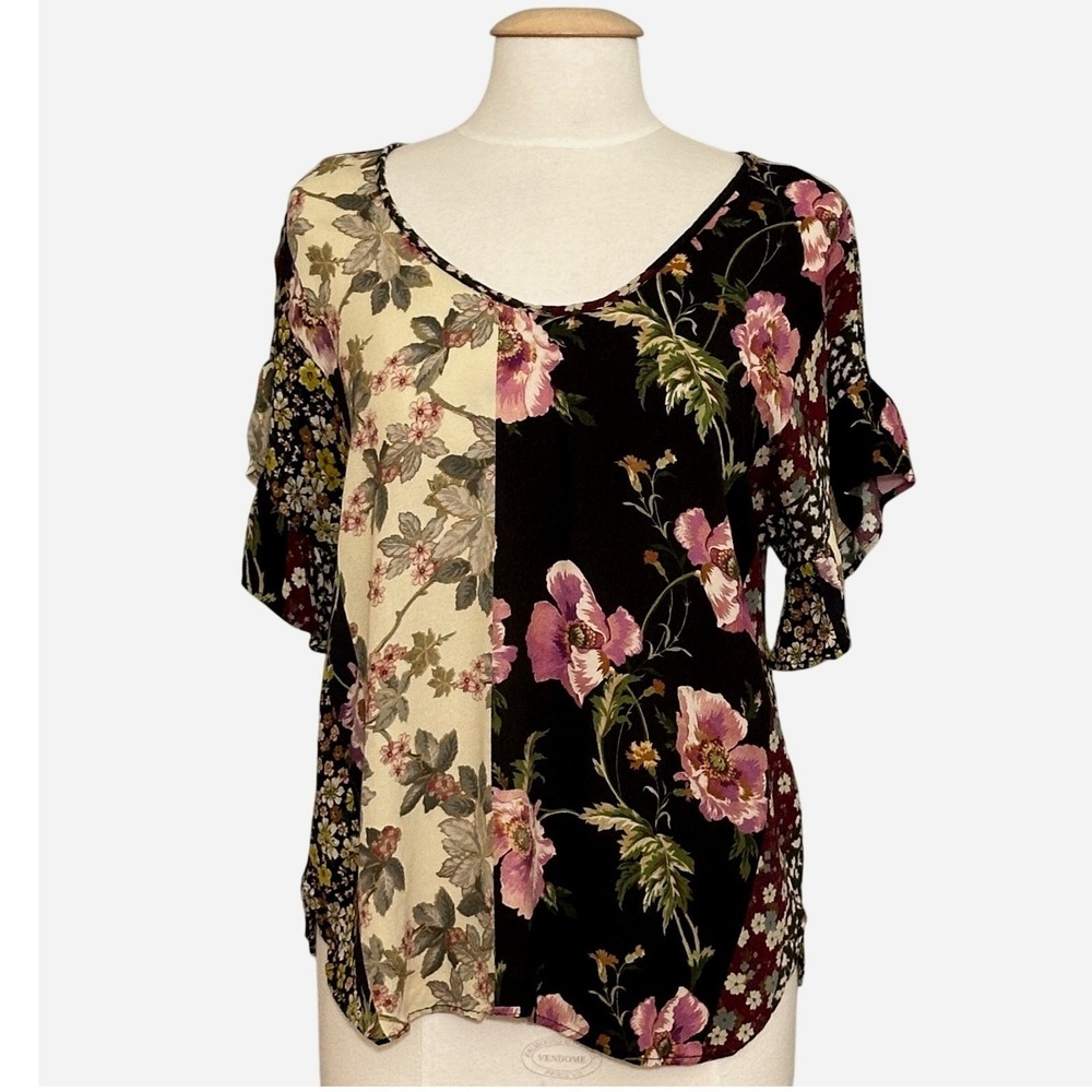 VTG 90s Karen Kane Womens Top S Black Floral Patchwork Dark Cottage Romantic